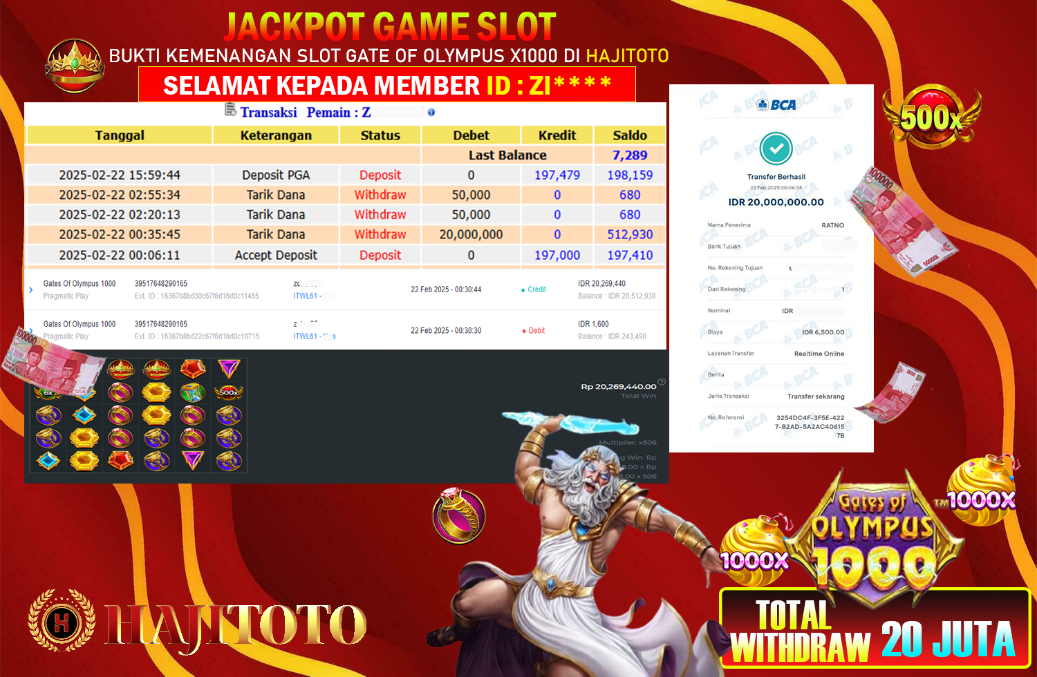 SELAMAT KEPADA PEMENANG MEMBER MERAIH JACKPOT DI GAME SLOT GATE OF OLYMPUS X1000 TOTAL RP 20.000.000 DI BAYAR LUNAS
